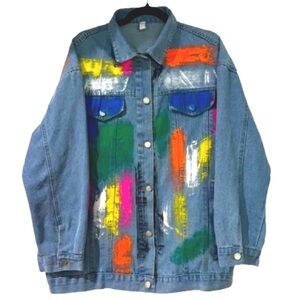 🧥🎨 SOUK + SEPIA‎ Hand-Painted Denim Jacket 80s Graffiti Neon Streetwear Art XL